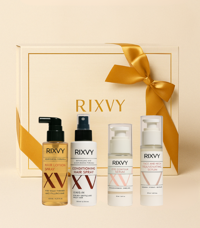 Rixvy Complete Self-Care Box with serum, lotion and conditioner – skincare and haircare set